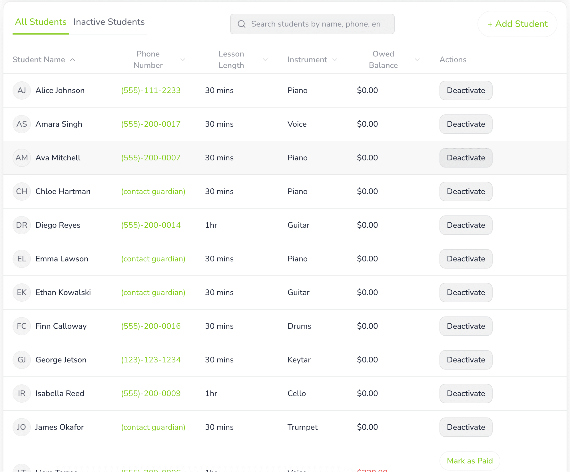 PracticeWorksHQ student list