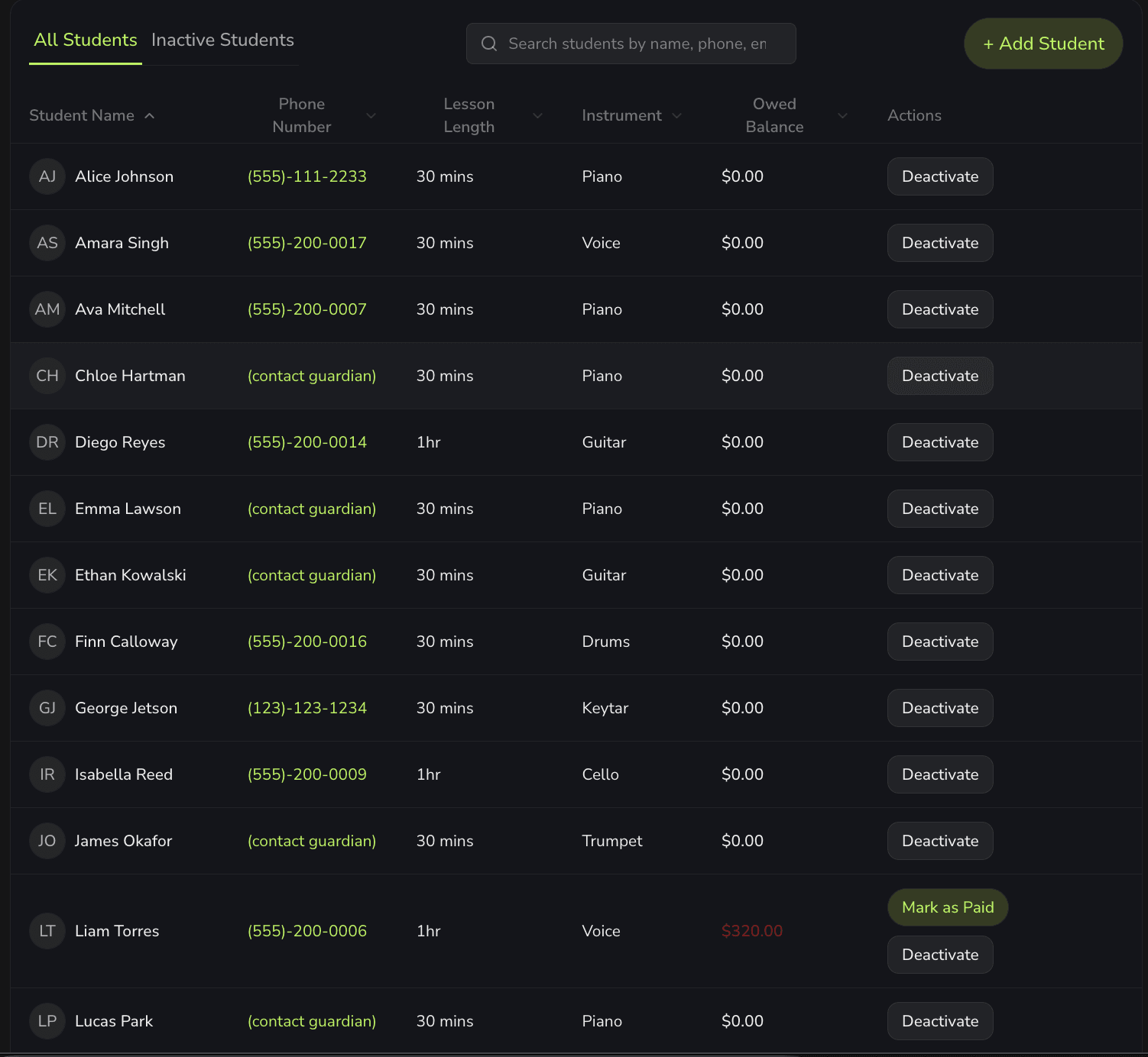 PracticeWorksHQ student list